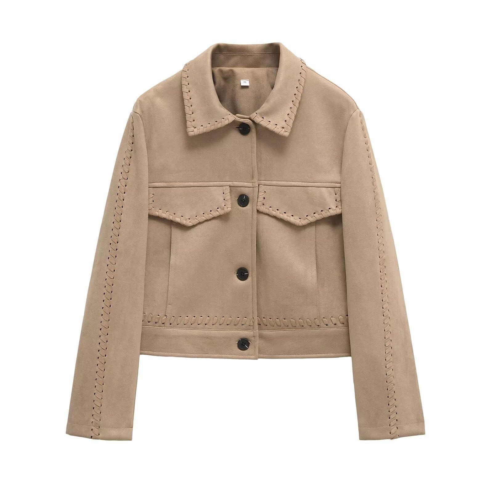 Chaqueta corta de gamuza sintética para mujer, abrigos de invierno beige, ropa de exterior, casual, ligera, moderna, chaquetas de cuero para salir