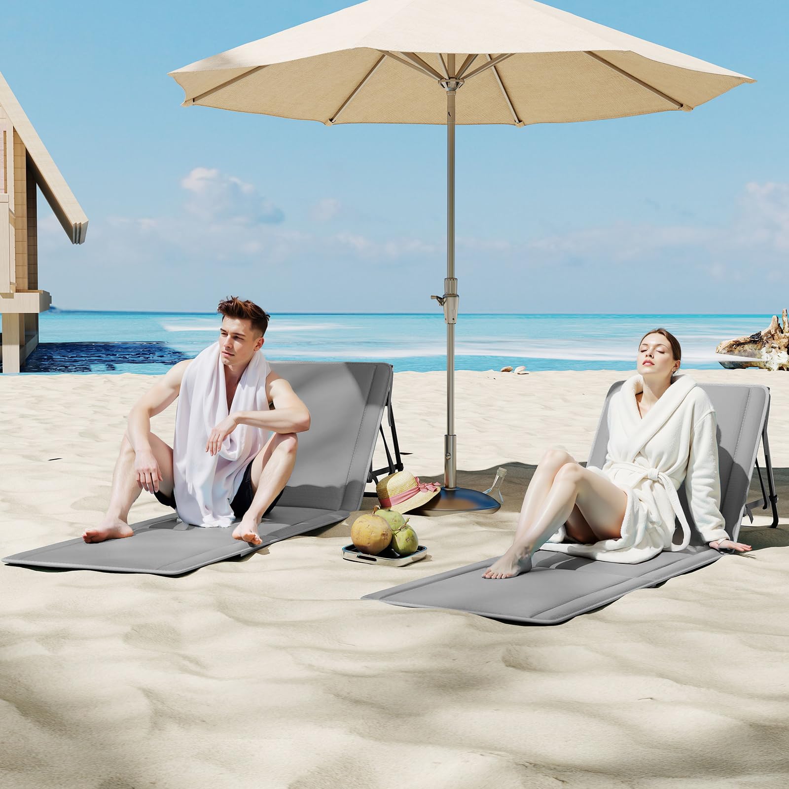 UDPATIO Set di 2 Tappetino da Spiaggia Pieghevole con Schienale Regolabile, Lettino da Spiaggia Reclinabile Leggero con Tasca, Sdraio da Campeggio Portatile per Giardino e Terrazza – Grigio