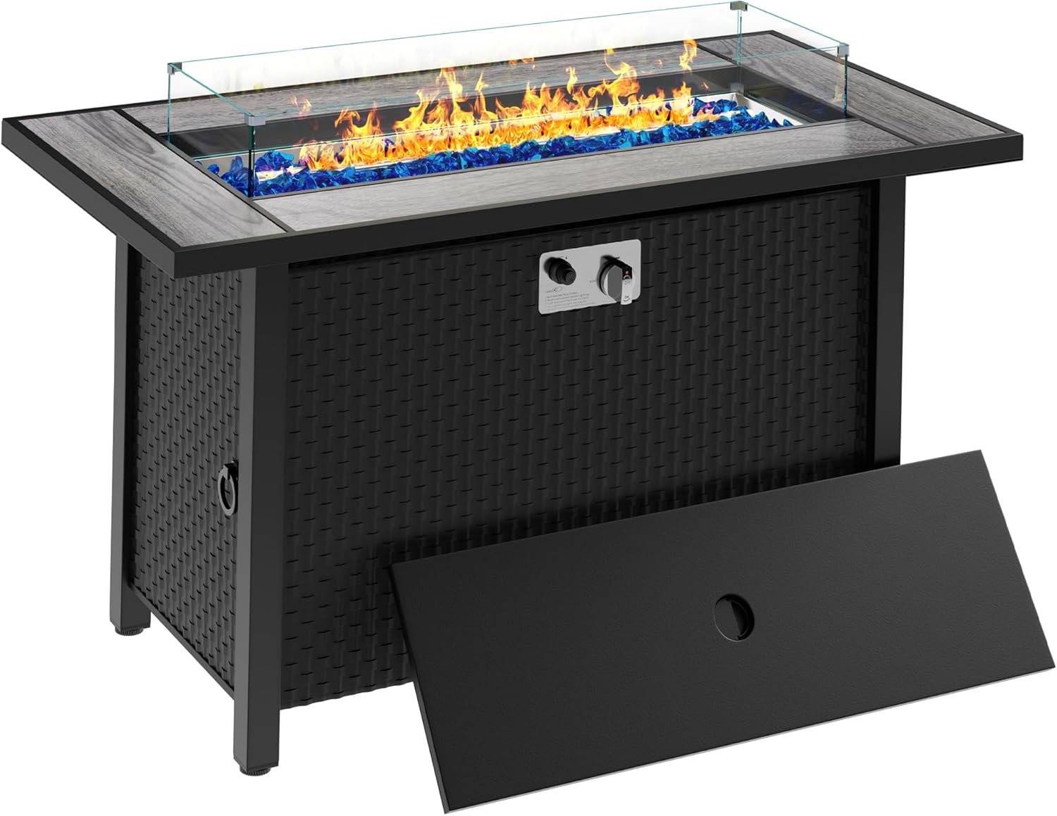 Meilocar 45in Propane Fire Pit Table, 50,000 BTU 3-in-1 Outdoor Fire Table with Glass Wind Guard & Rain Cover, Gray Slate Top