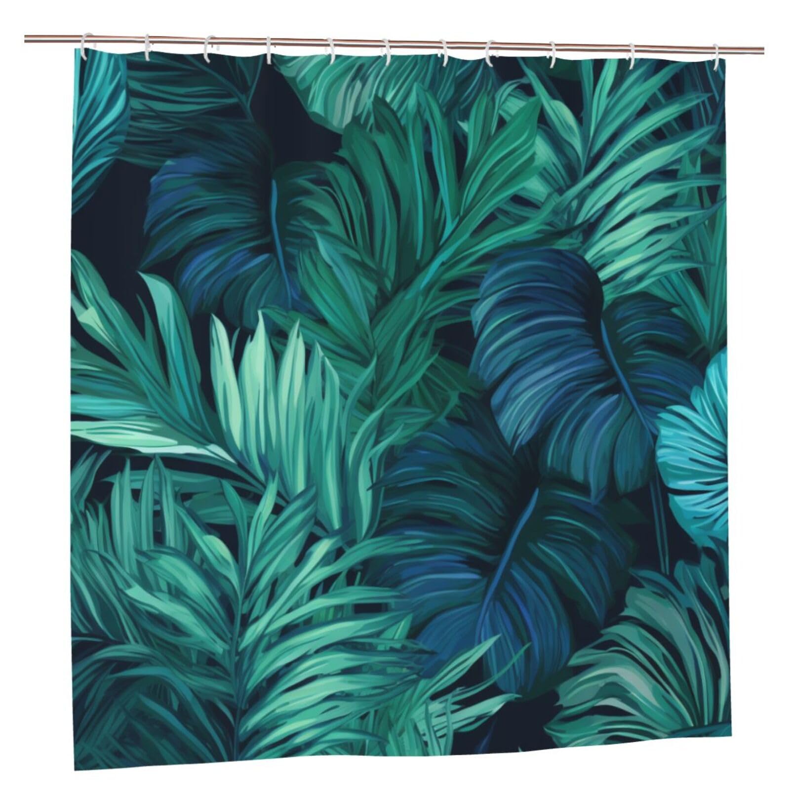 BWWHCCTI Tropical Palm Leaves Printed Shower Curtain With 12 Plastic Hooks Opaque Quick Drying Waterproof Shower Curtains Sets For Bathroom 183x183 CM