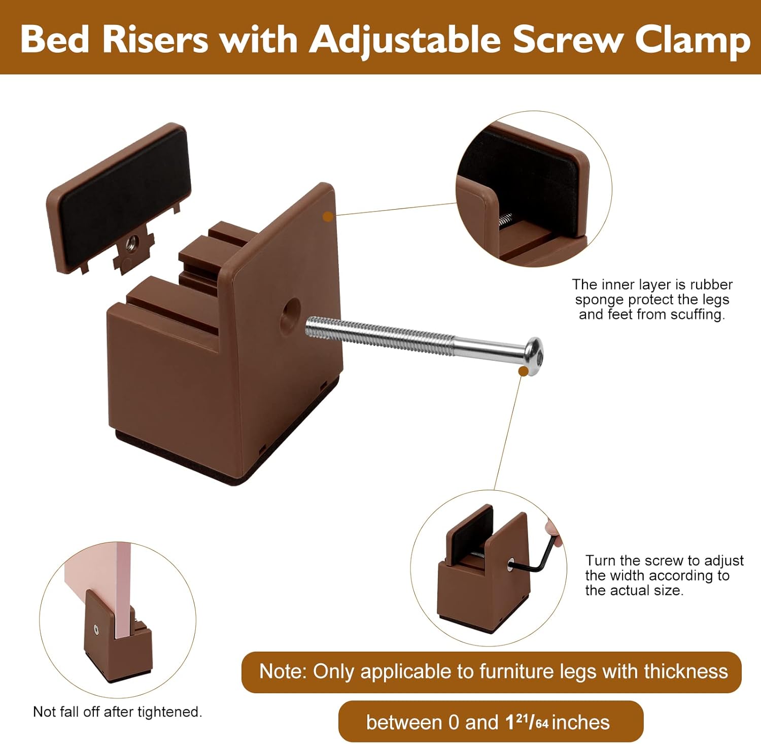 Bed Risers 2 Inch with Adjustable Screw Clamp, 4 Pack Heavy Duty Furniture Risers, Supports up to 5,000 lbs, Fits Furniture Legs with Thickness from 0 to 1.3 Inch(Brown, Type-S)