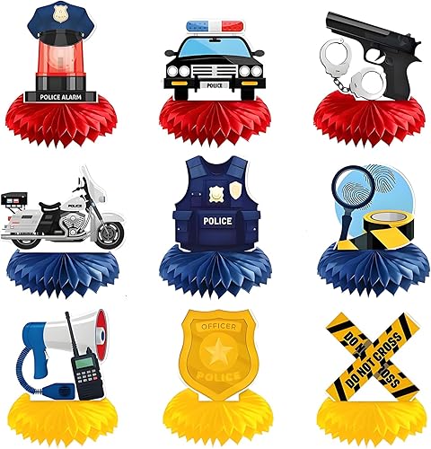 9 centros de mesa de nido de abeja para fiesta de policía, decoraciones de panal de policía, centro de mesa temática de policía para decoración de