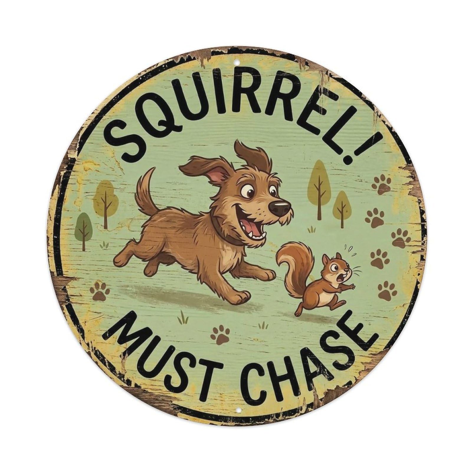 Dog Chasing Squirrel Round Wall Hanging Metal Tin Sign