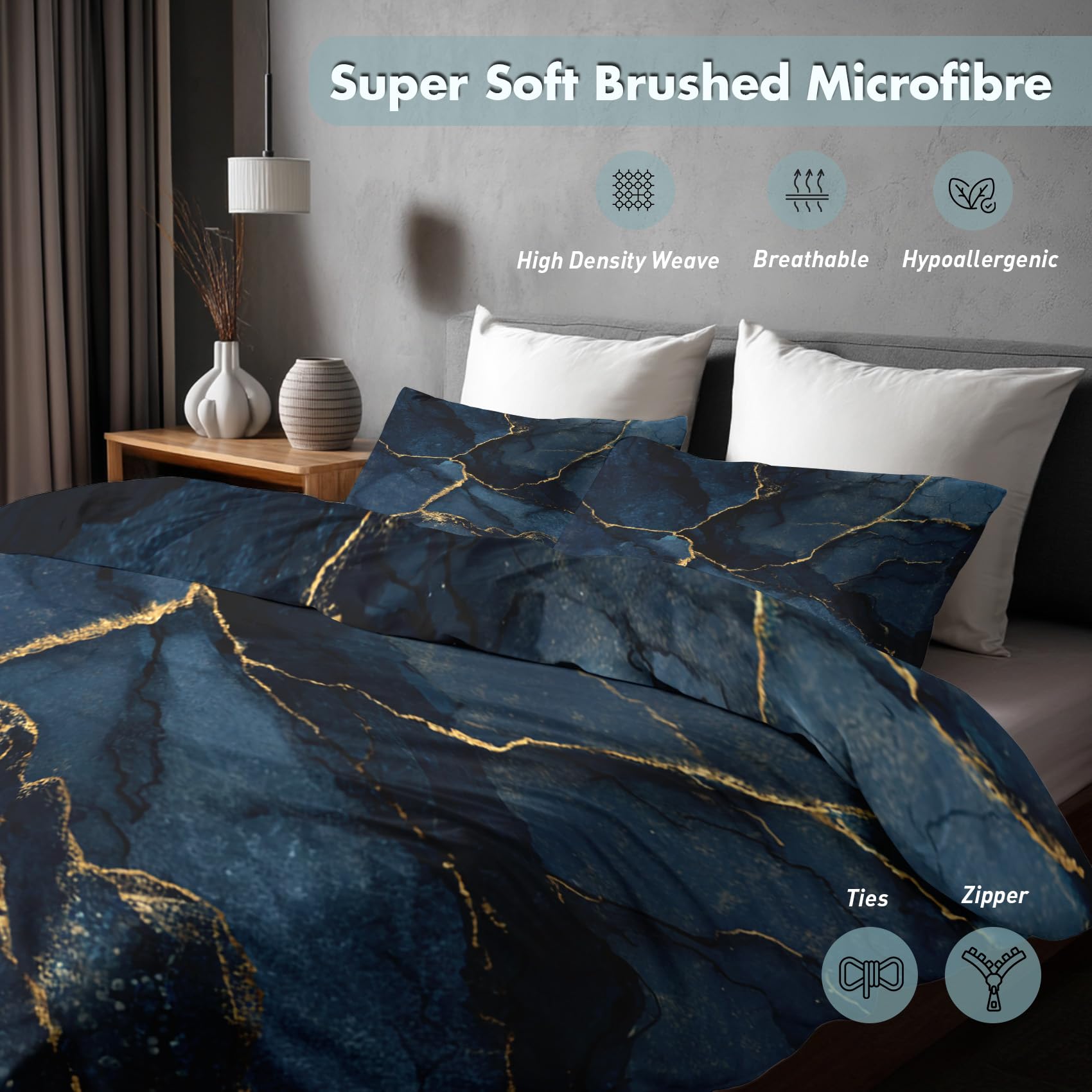 Generisch Bettwäsche 200x200, Marmor Bettbezug mit 2 Kissenbezug 80x80, 3tlg Schlafzimmer Deko, Dunkelblau Modern Abstrakt Muster Weiche Mikrofaser Deckenbezug, Reißverschluss A590C