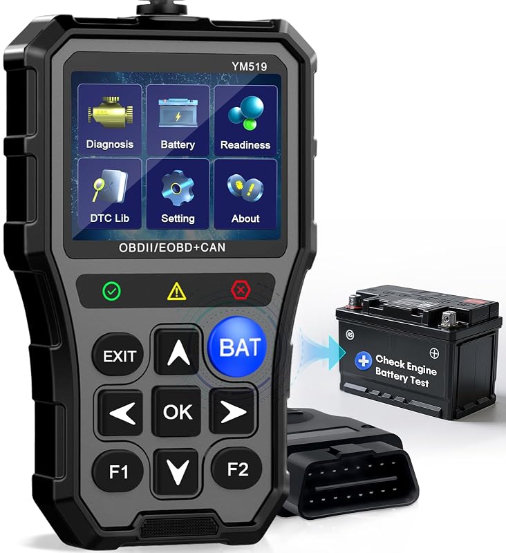 Scanner OBD2 AMTIFO YM519 com Testador de Bateria, Leitor de Códigos, Dados em Tempo Real e Tela Colorida