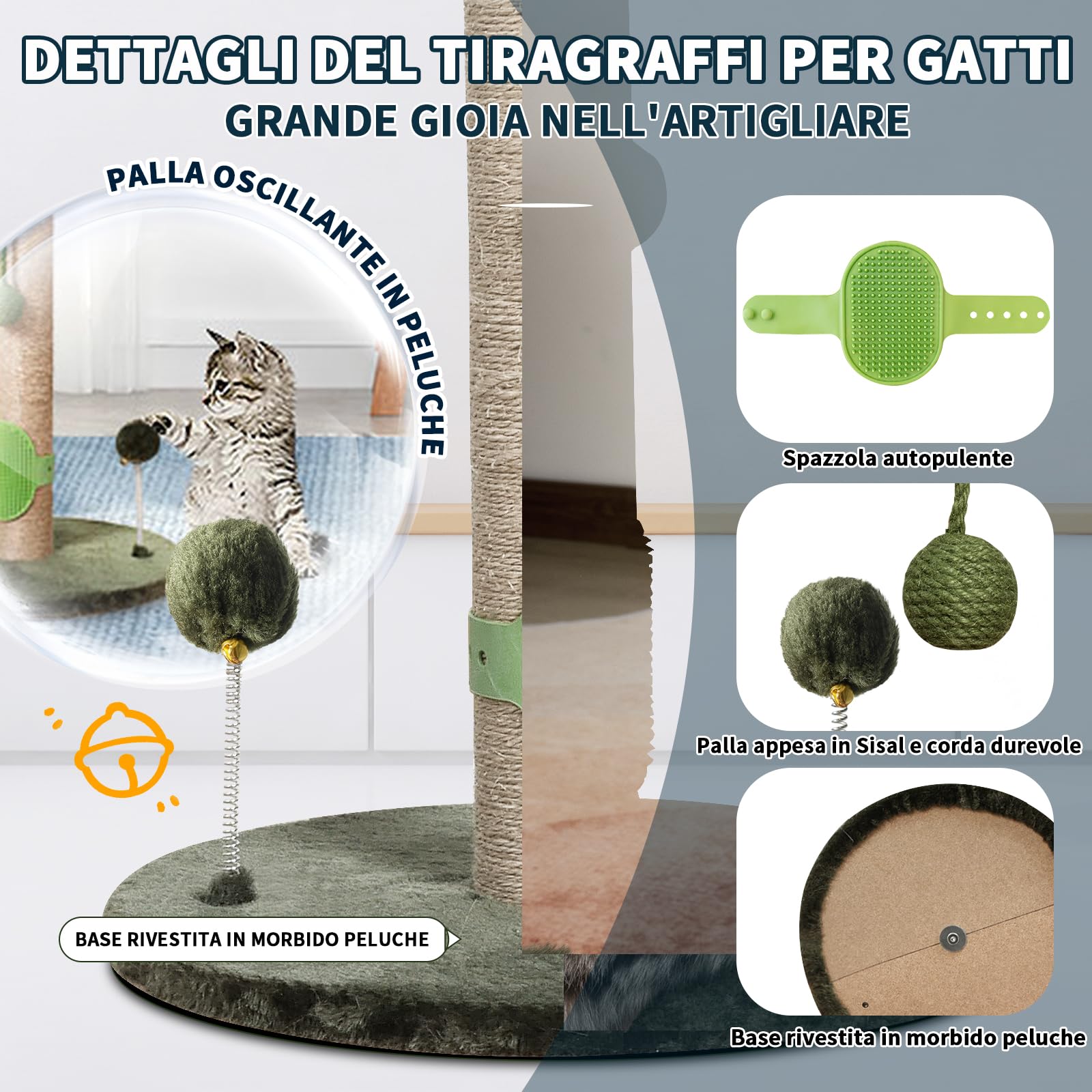 Meowoou Tiragraffi per Gatti, 84 cm Graffiatoio per Gatti da Interni Adulti e Grandi, Tiragraffi Alto con Corda in Sisal, Simpatico Albero Tiragraffi con Pallina Pendente