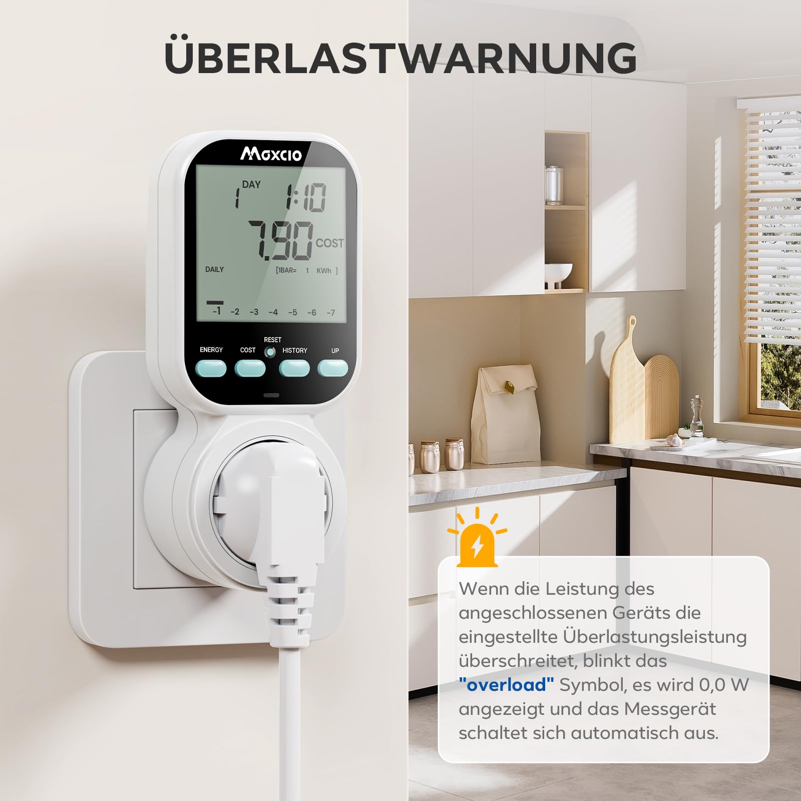 Presa Wattmetro, contatore elettrico digitale, Maxcio a 7 modalità, presa a risparmio energetico con display LCD retroilluminato, monitoraggio della potenza per grandi dispositivi