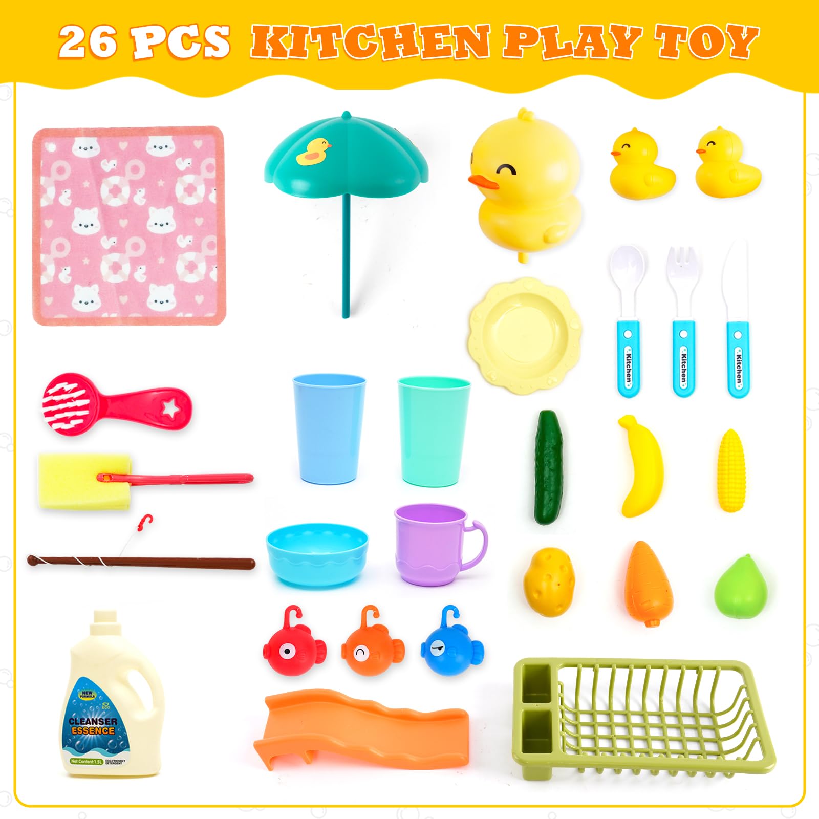 Fregadero de juego con agua corriente, juguetes de fregadero de cocina, juguetes flotantes de pesca para juegos de agua, juguete de lavavajillas para niños (tema de pato)