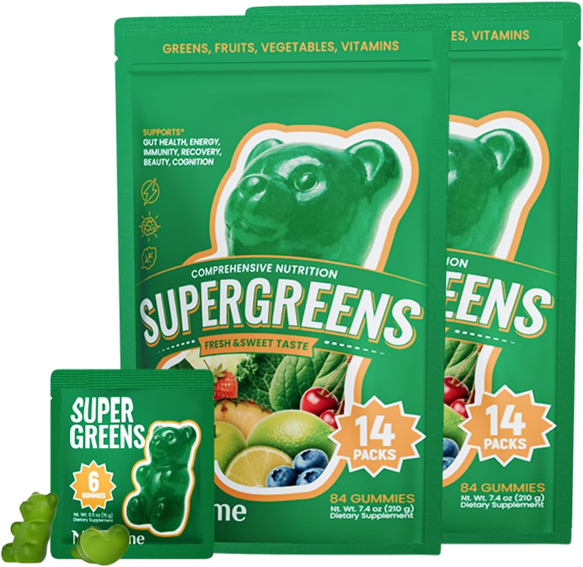 NEWELLME Daily Super Greens Gummies - 6g Fiber per Serving - Sugar-Free, Vegan & Gluten-Free - Essential Multivitamin with Probiotics for Digestive Health, Energy & Immunity - 14 Grab-and-Go Packs