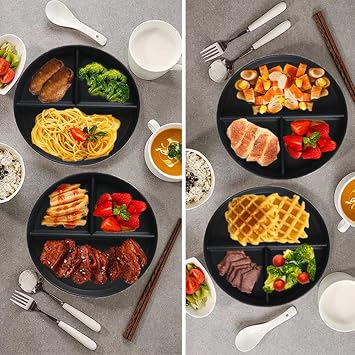 LRUUIDDE 5 Pack Portion Control Plate for Balanced Eating, 9" Unbreakable Divided Plates,3 Compartment Round Plates, Reusable Plastic Plates, BPA Free for Kids Adults Bariatric Diet Black