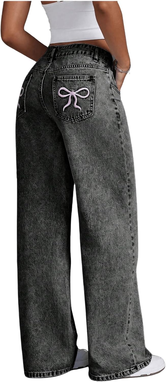 Floerns Women's Bowknot Embroidery Jeans Y2k Straight Leg Boyfriend Denim Pants