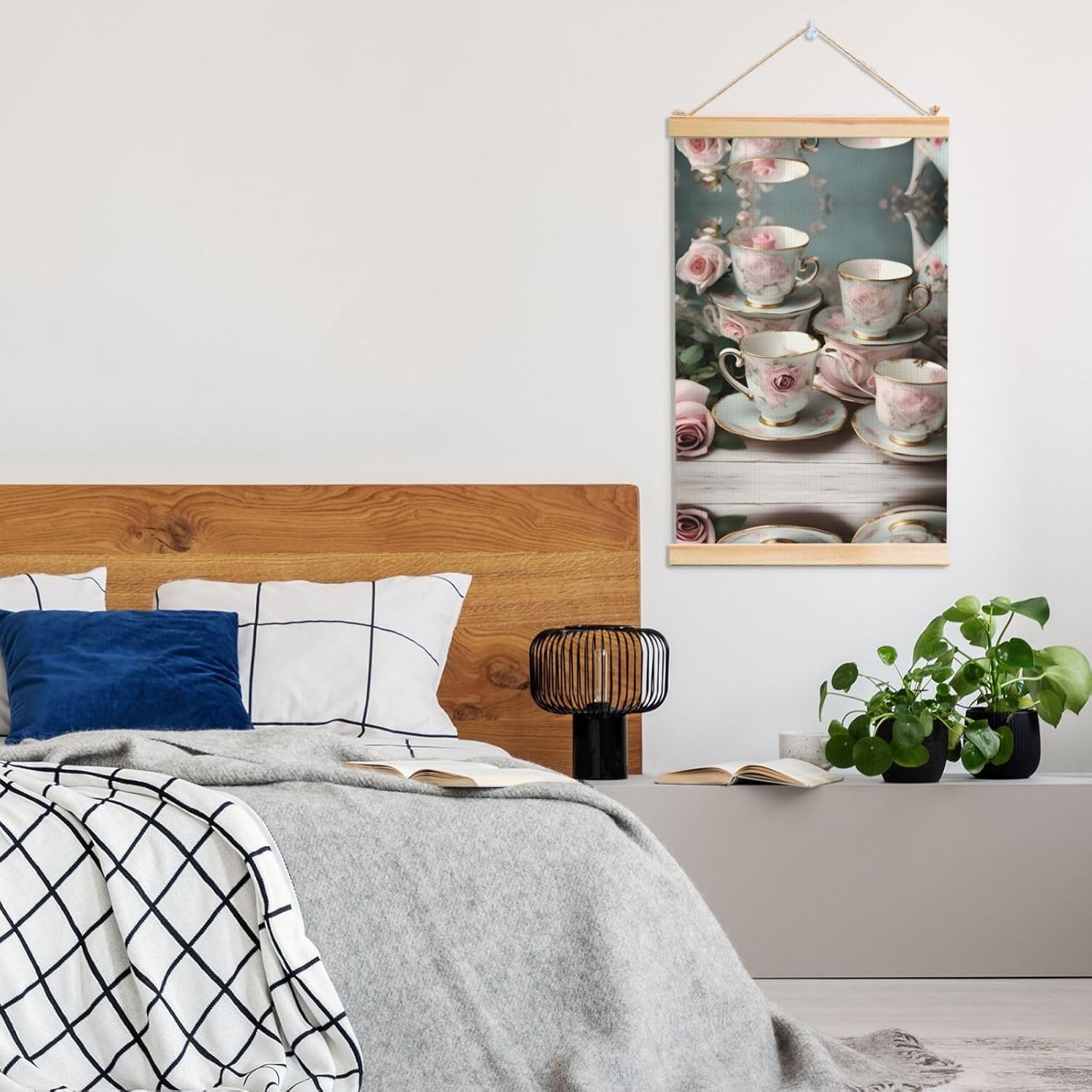 Tea Cups With Roses Romantic Print Poster Hanger,Hanging Poster, Poster Frame,Wood Poster Hanger, For Wall Hanging