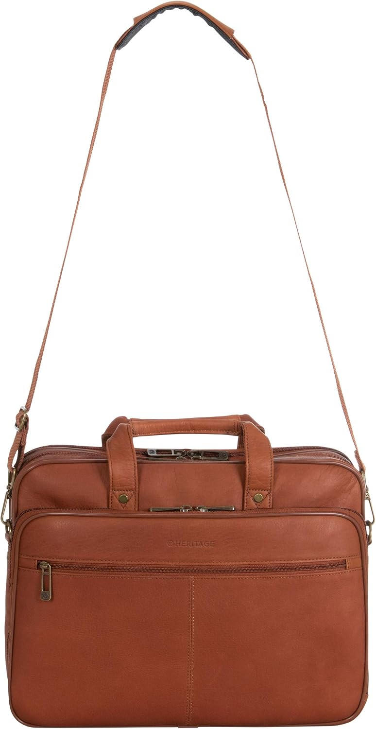 Heritage Travelware Colombian Leather Dual Compartment Top Zip 16" Laptop Portfolio, Cognac