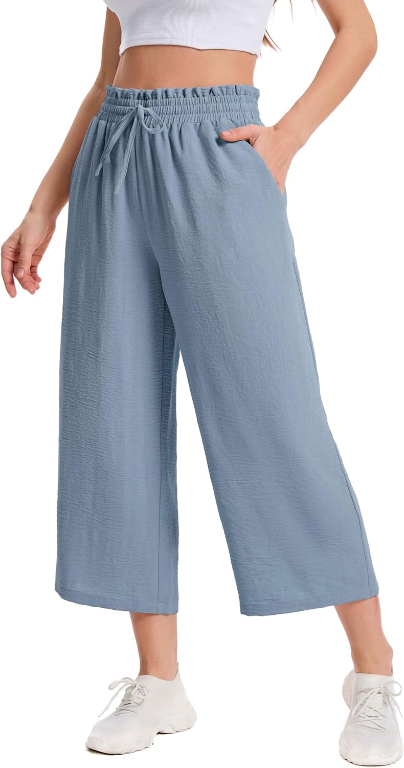 Nuofengkudu Zomerwijdebroek voor dames, UK katoen en linnen met trekkoord, elastische taille, zakken, lichtgewicht losse lange yogabroek