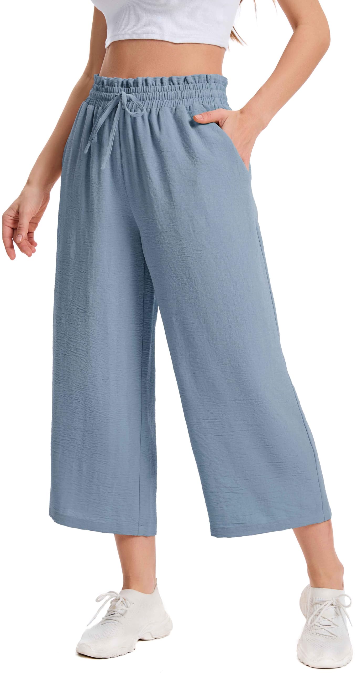 WUWUSKY Damen 3/4 Culotte Hose Leichte Sommerhose mit Taschen | Atmungsaktives Stoff Caprihose für Damen