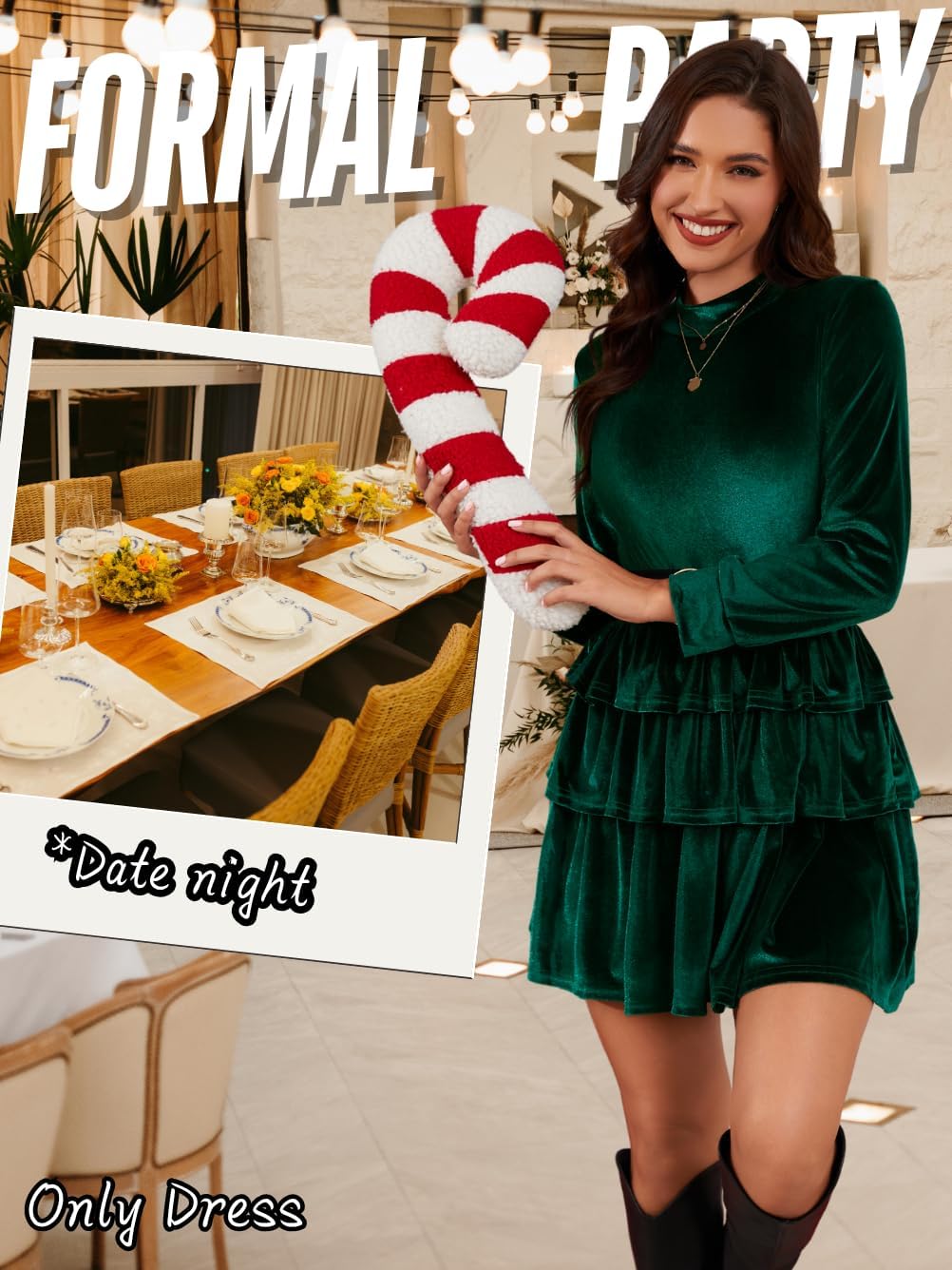 EHSUYAB Women Mini Velvet Dress, Cocktail Party Wedding Guest Outfits Babydoll Dresses Green Large - Image 6