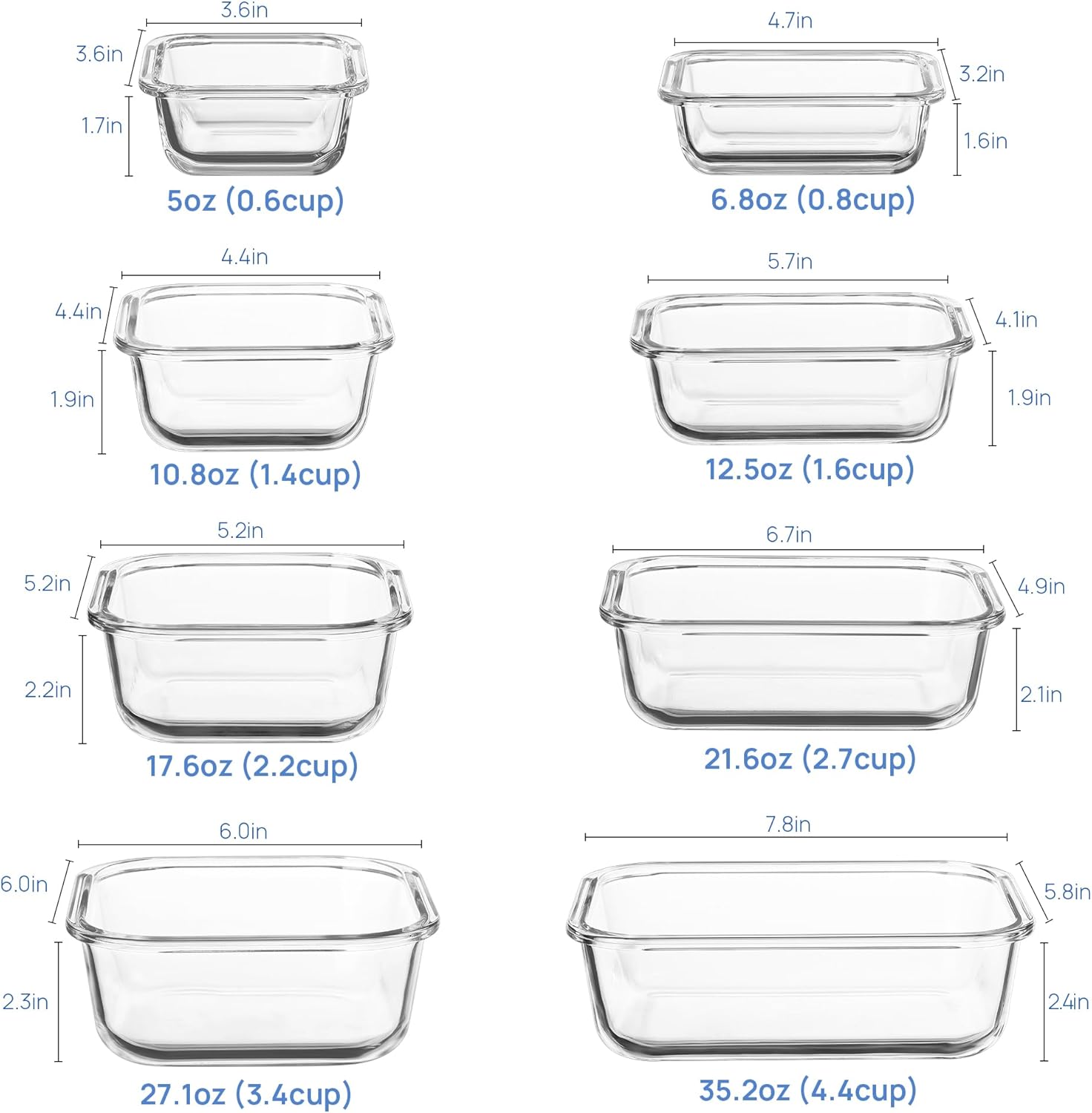 Vtopmart 8 Pack Glass Food Storage Containers with Airtight Lids, Glass Meal Prep Containers, Lunch Office Meal for Microwave, Oven, Freezer and Dishwasher, BPA Free