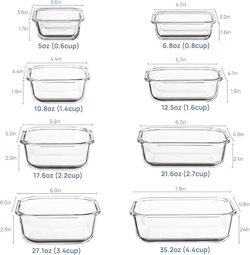 Miniatura 20 de Vtopmart Paquete de 8 recipientes de vidrio para almacenamiento de alimentos con tapas herméticas, recipientes de vidrio para preparación de Gris