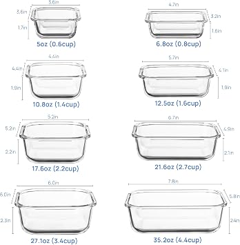 Vtopmart 8 Pack Glass Food Storage Containers with Airtight Lids, Glass Meal Prep Containers, Lunch Office Meal for Microwave, Oven, Freezer and Dishwasher, BPA Free