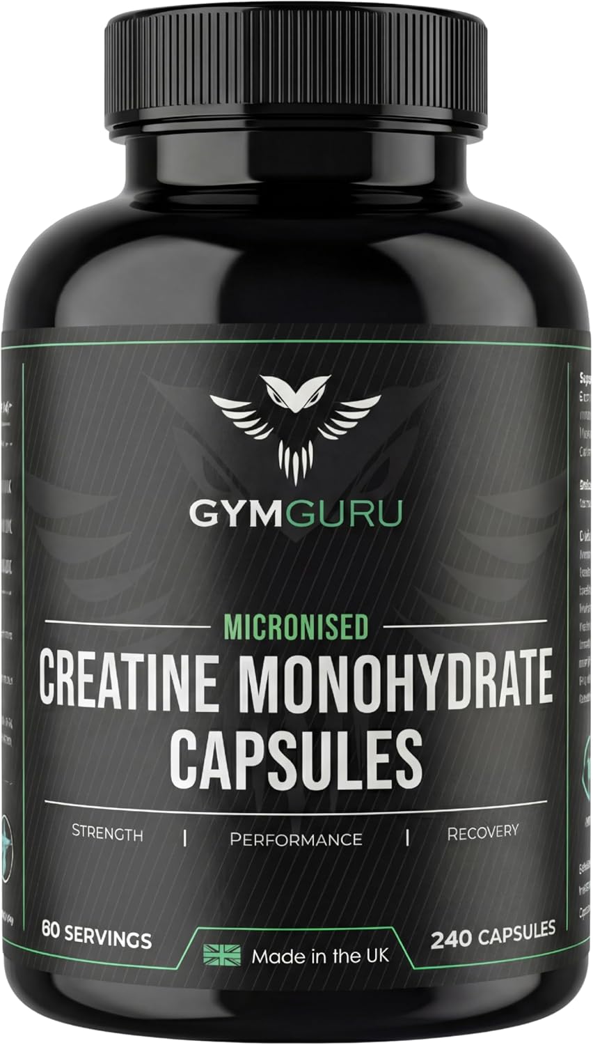 Gym Guru® Creatine Monohydrate Capsules (UK Made) – 240 Creatine Tablets, Micronized, 3000mg, 60 Servings – Vegan Gym Supplement for Men & Women – Muscle Growth, Strength & Performance