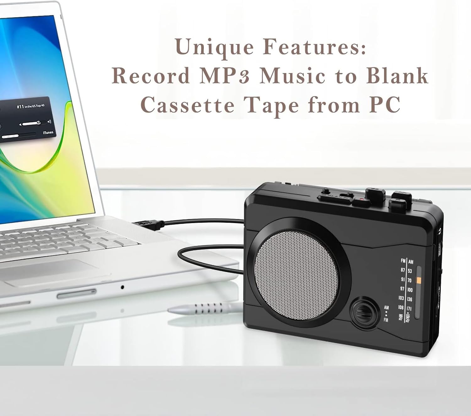 Side view of Mersoco BR638B cassette player showing volume, USB, and tuning controls