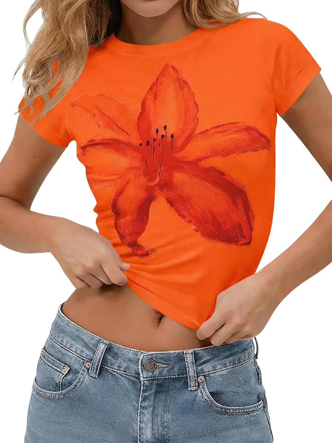 Tankaneo Womens Y2K Graphic Baby Tees Summer Floral Print Crop Tops Cotton Short Sleeve Slim Fit T-Shirts