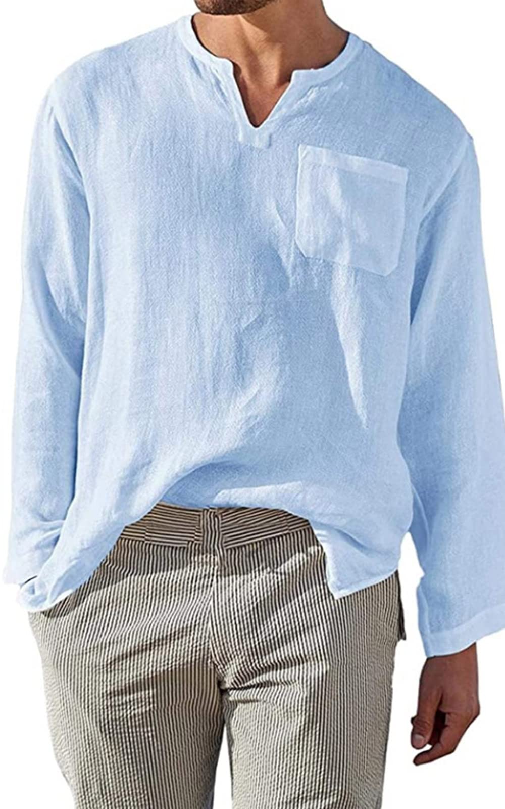 MakingDa Camisas de lino para hombre, estilo casual, de algodón, de manga larga, ajuste holgado, para verano, playa, sin cuello, Henley