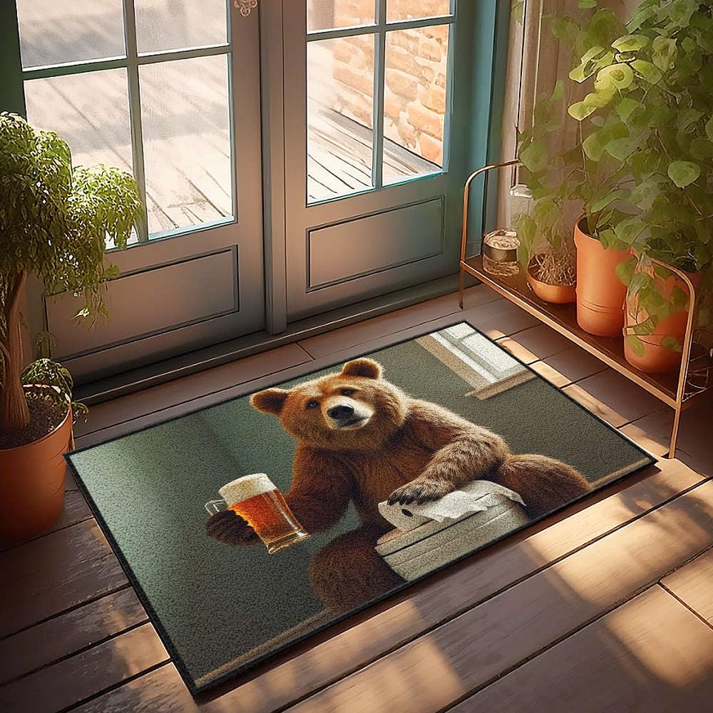 Paillasson avec texte amusant ours sur WC grand format 65 x 90 cm tapis extérieur étanche