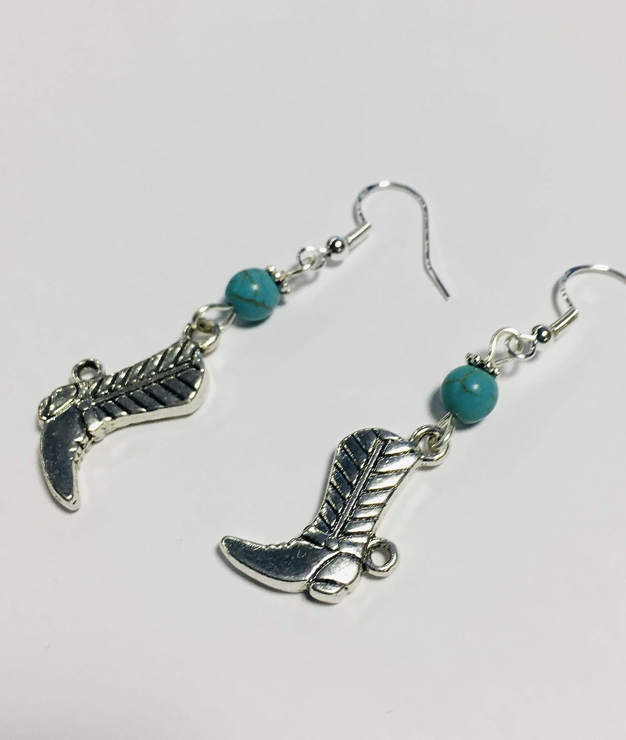 Western Cowboy Boot Charm Earrings with Turquoise Colored Stone Beads on Sterling Silver Earwires - Image 2