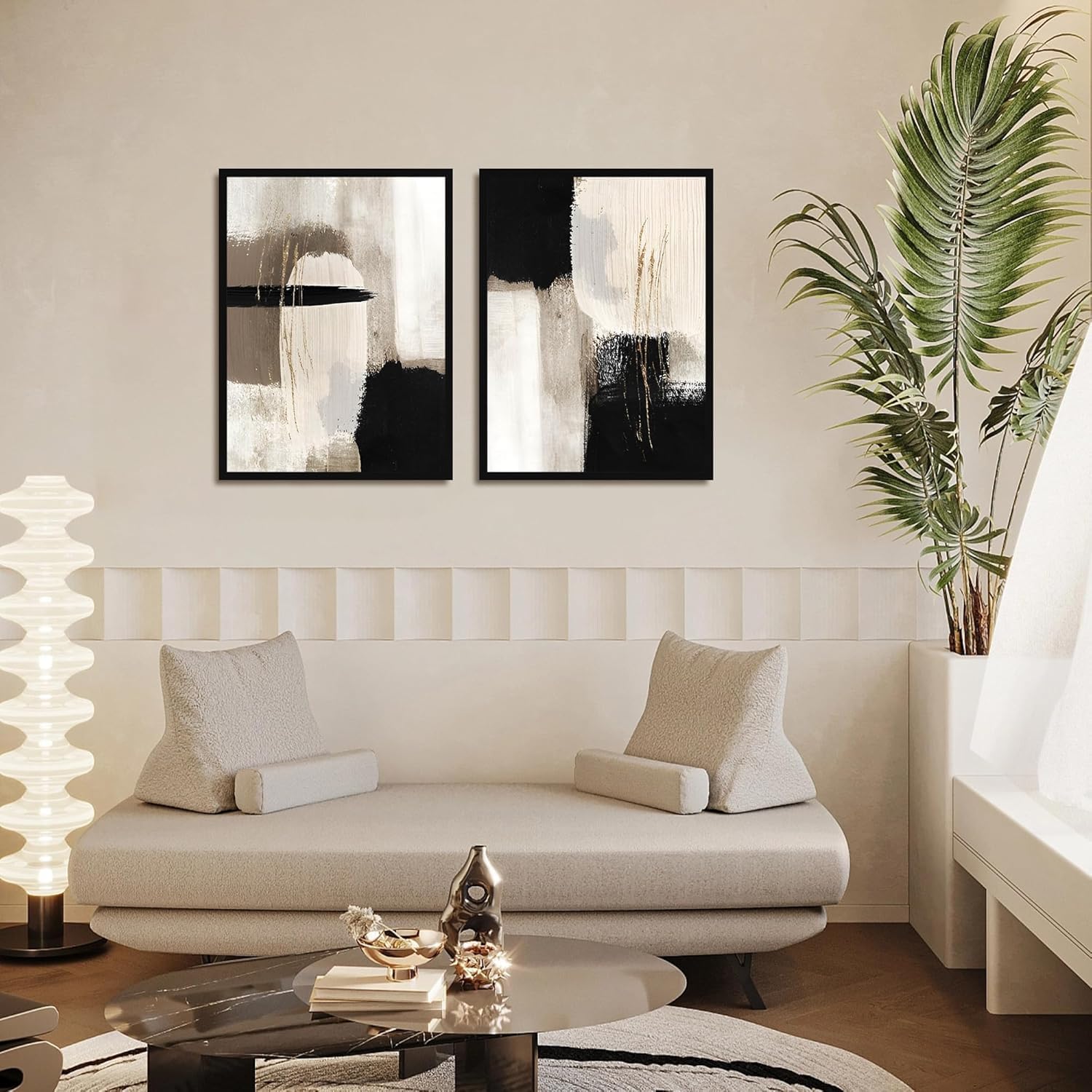 Framed Abstract Wall Art Set of 2, Black Gold Landscape Abstract Shapes Illustrations Canvas Print Wall Deocr for Living Room Bedroom 16x24 in Black