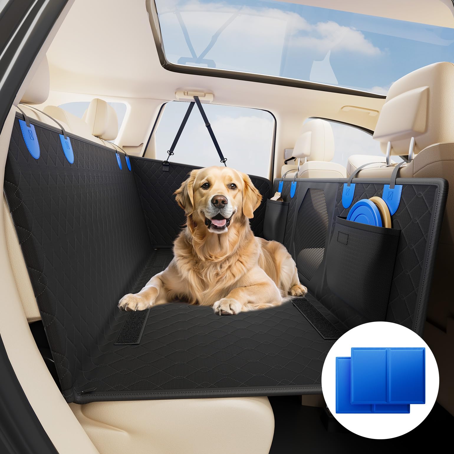 JOYTUTUS Back Seat Extender for Dogs with Dog Cooling Mat, Car Seat Cover with Hard Bottom, Back Seat Pet Cover for Summer or Hot Days Sleeping, Waterproof Dogs Hammock for Car Truck SUV