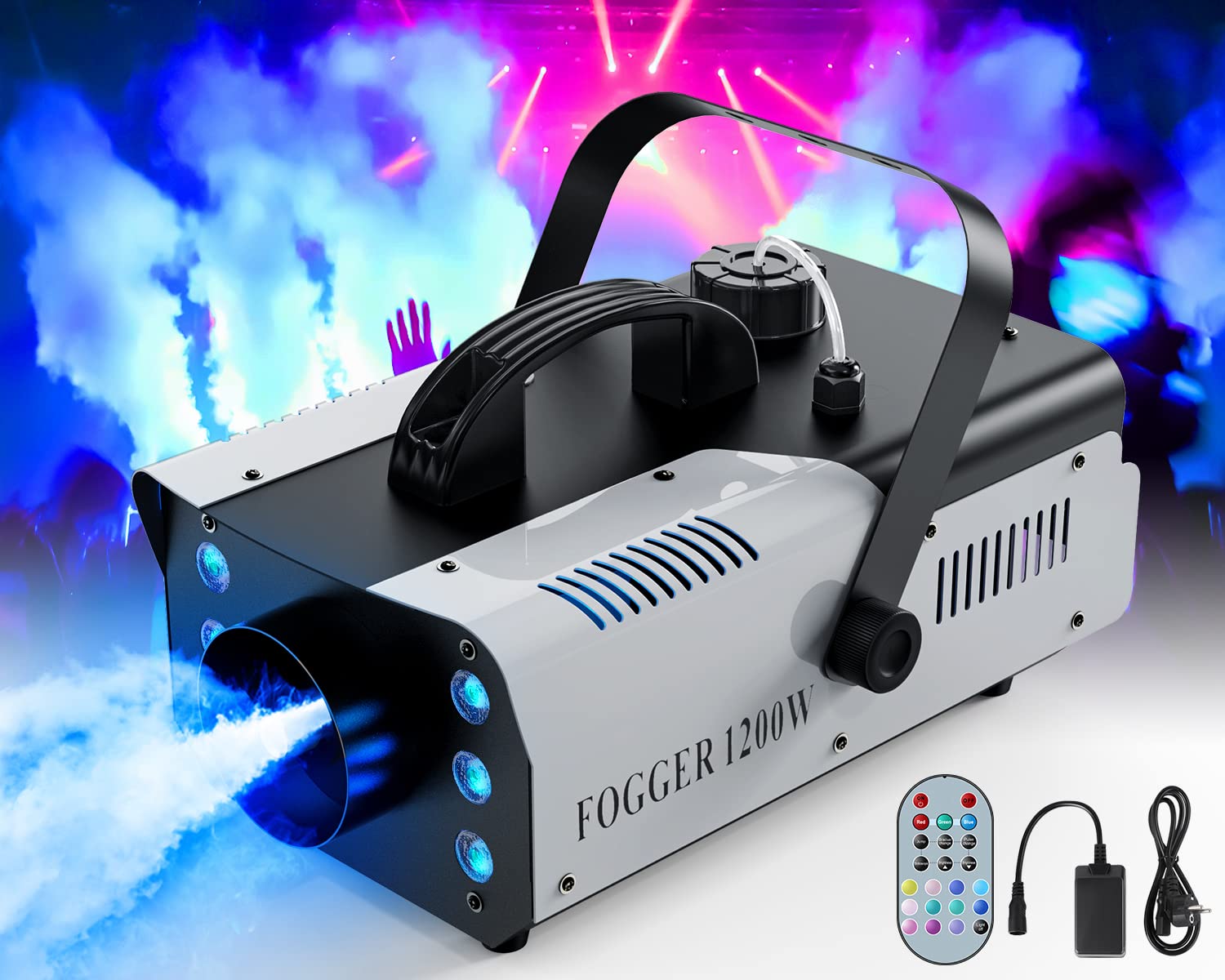 Macchina del Fumo Portatile, 1200W 6 RGB 3 in 1 Macchina Fumo Discoteca con Telecomando Wireless, Fog Machine per Halloween DJ Club Feste Nozze Natale e Effetti su Palco