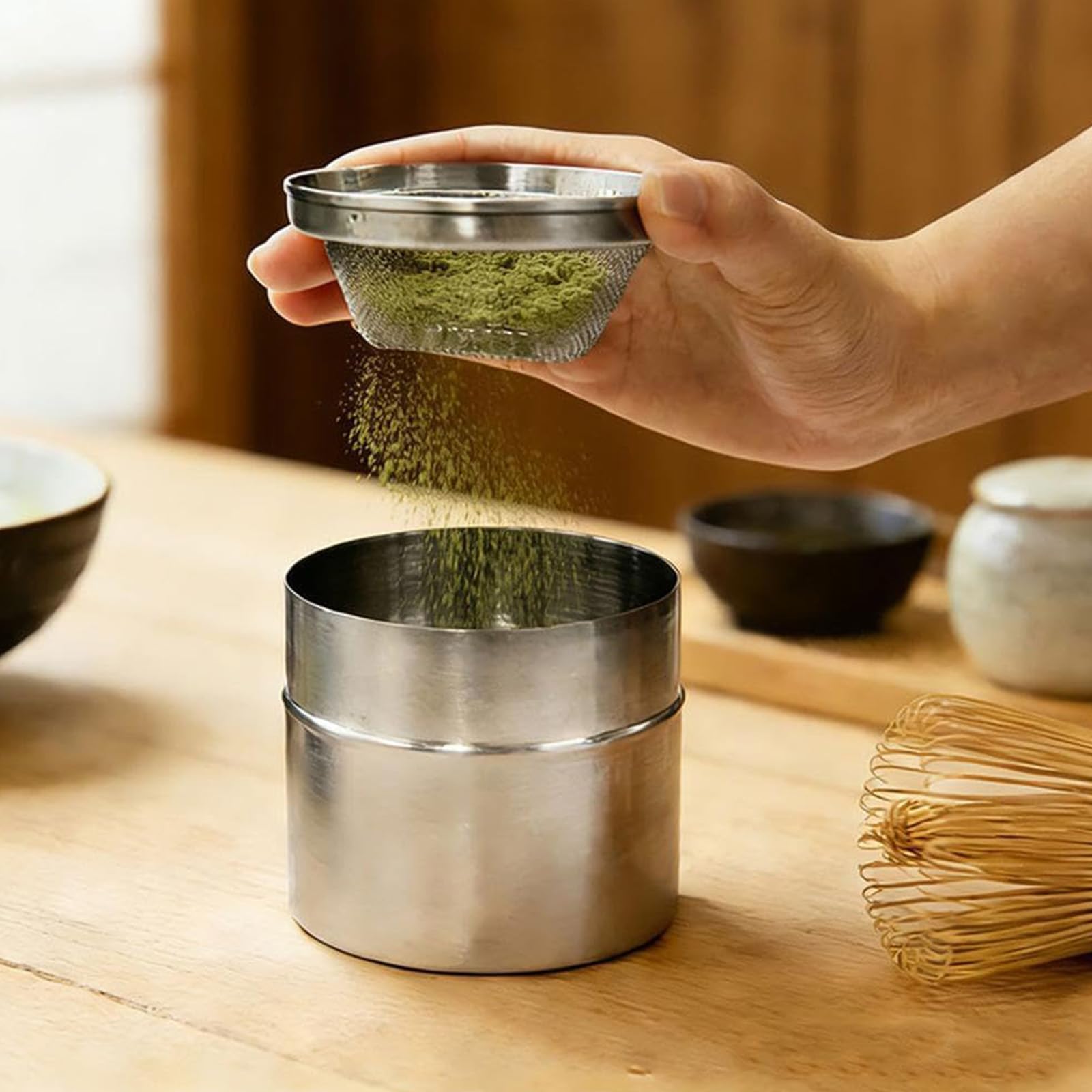 Generic Matcha Powder Sifter and Storage Tin Set Stainless Steel 300ml Matcha Shaker Canister with Fine Mesh