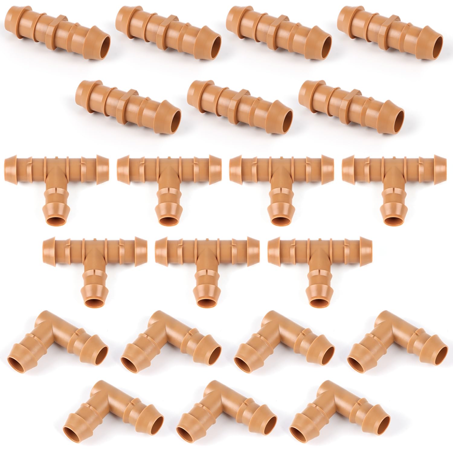 Kit de accesorios de riego por goteo para tubos de 1/2 pulgada, 24 conectores de púas de línea de goteo para tubos de riego de 1/2 pulgada, incluye 6 acoplamientos, 6 camisetas, 6 codos, 6