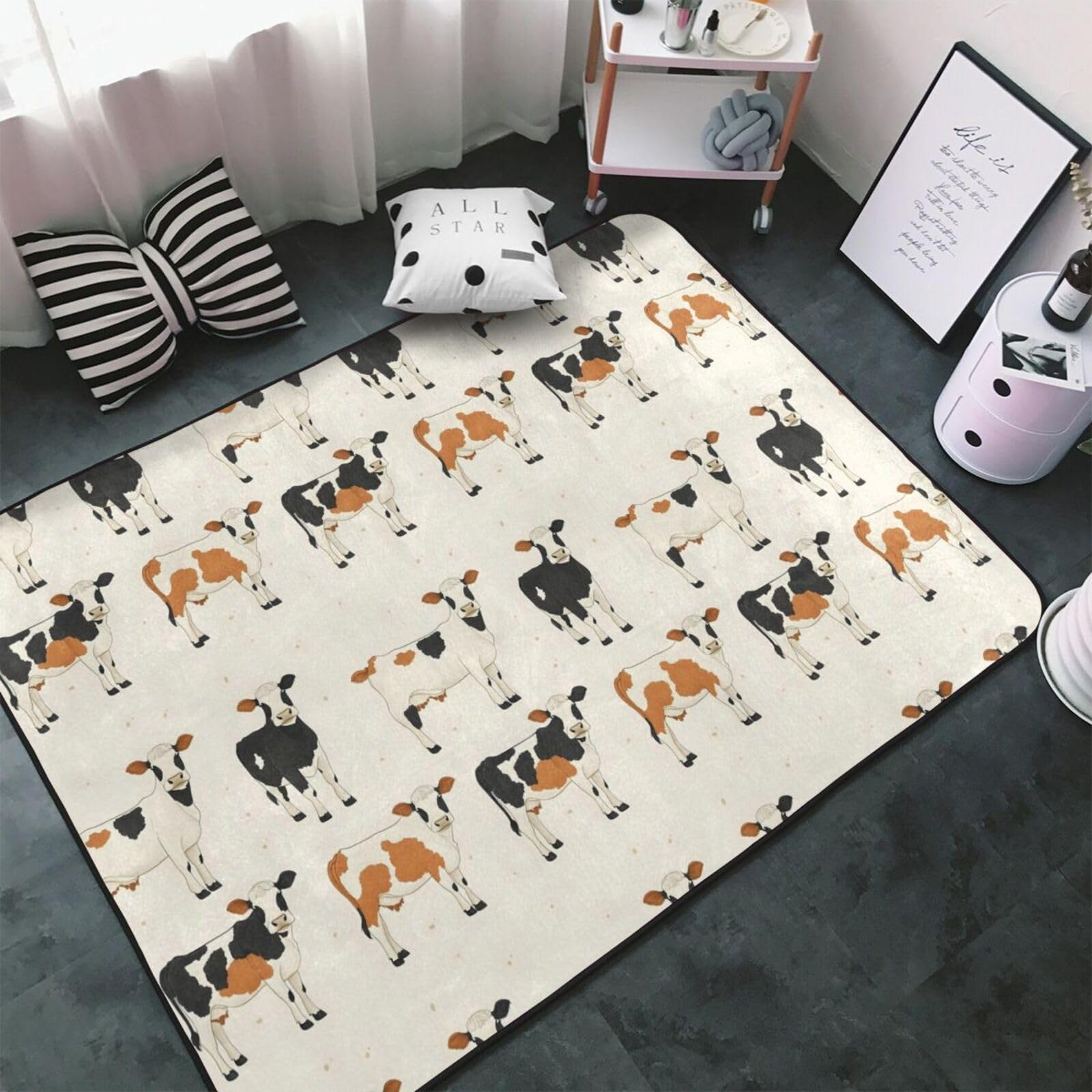 Tapis lavable et antidérapant imprimé vache texture douce pour chambre