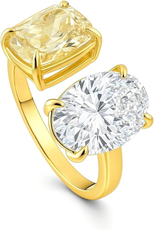 Yellow Gold Flashed Sterling Silver Toi et Moi 2-Stone Statement Cocktail Ring for Women, Cubic Zirconia CZ