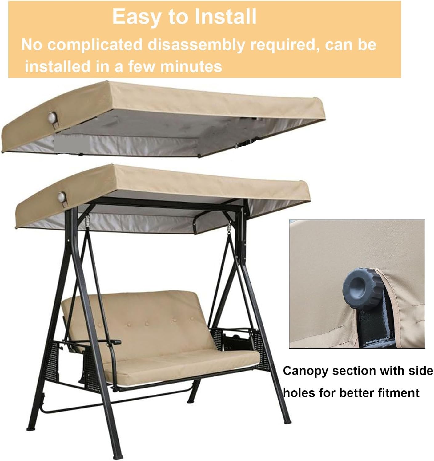 Heavy Duty Outdoor Porch Swing Canopy Replacement, Waterproof Anti-uv Garden Hammock Top Cover, Coffee Furniture Protector 62x46in Khaki 75 x 49in/192x124cm