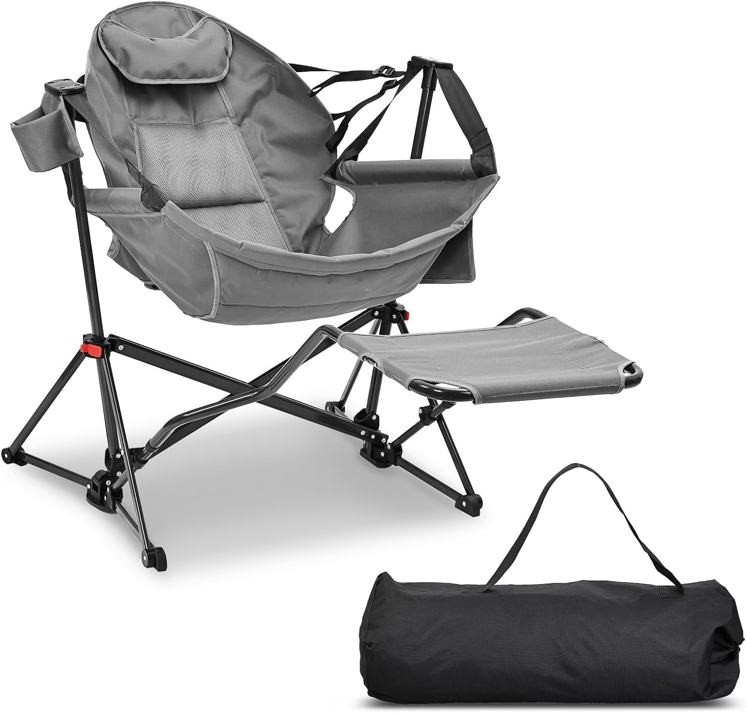 GDY Patio Camping Chairs, Oversized Hammock, Folding Rocking Chairs, Adjustable Back Swing Chairs, Cup Holder, Outdoor Beach Lawn, Gray
