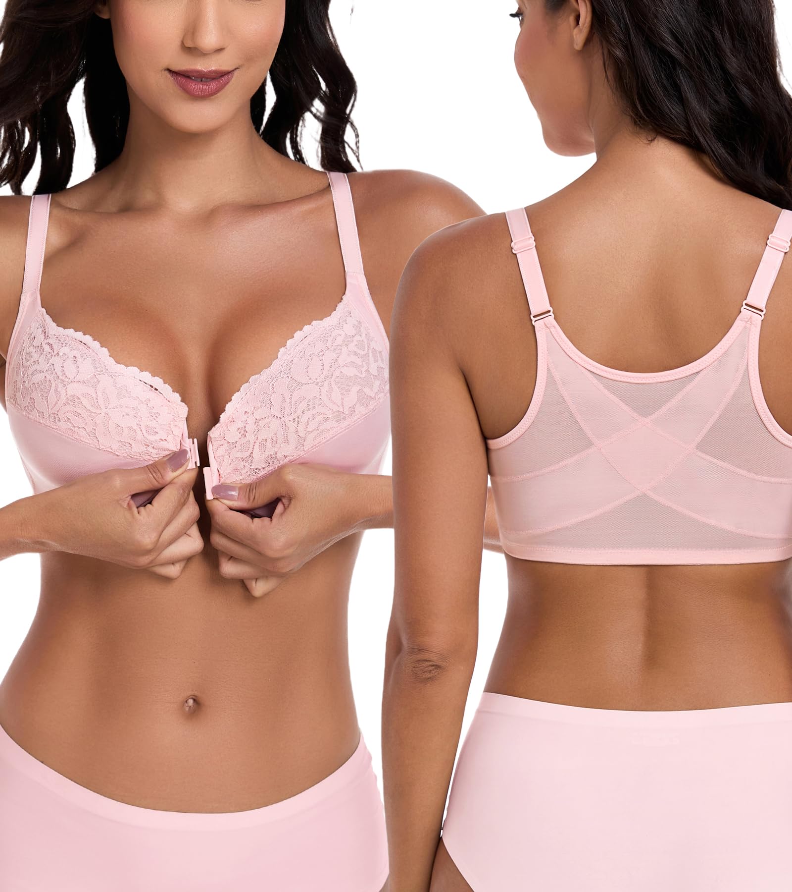 Lemorosy Women's Full Coverage Front Closure Lace Bra Plus Size Underwire Unpadded Posture Back Support Bra