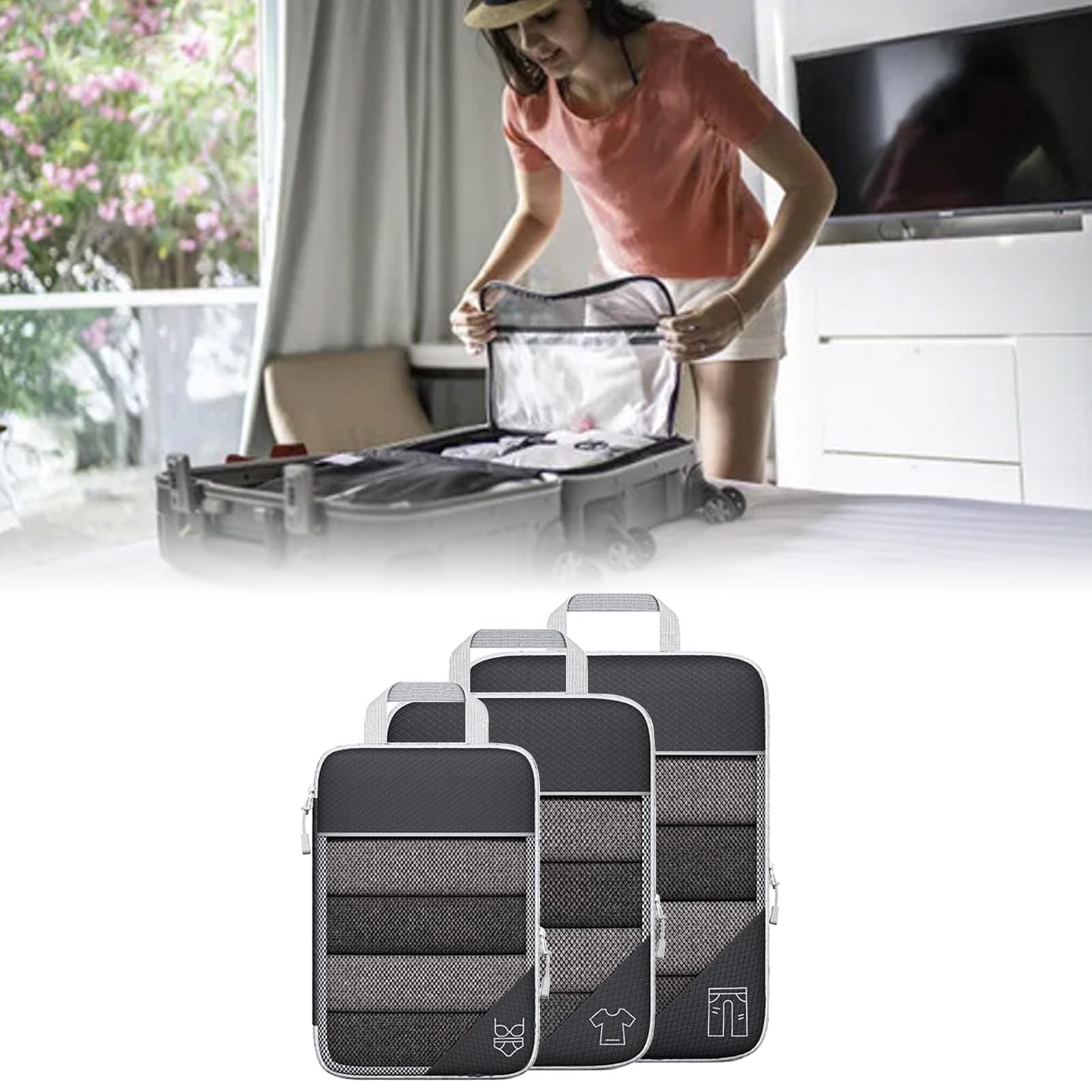 Ejoyous da Imballaggio a Compressione Cubi da Viaggio in Nylon Organizzatore da Viaggio 3 Pezzi Mesh Visibile Leggero Comprimibile Borse per Bagagli per Valigia da Uso Quotidiano Adulti (BLACK)
