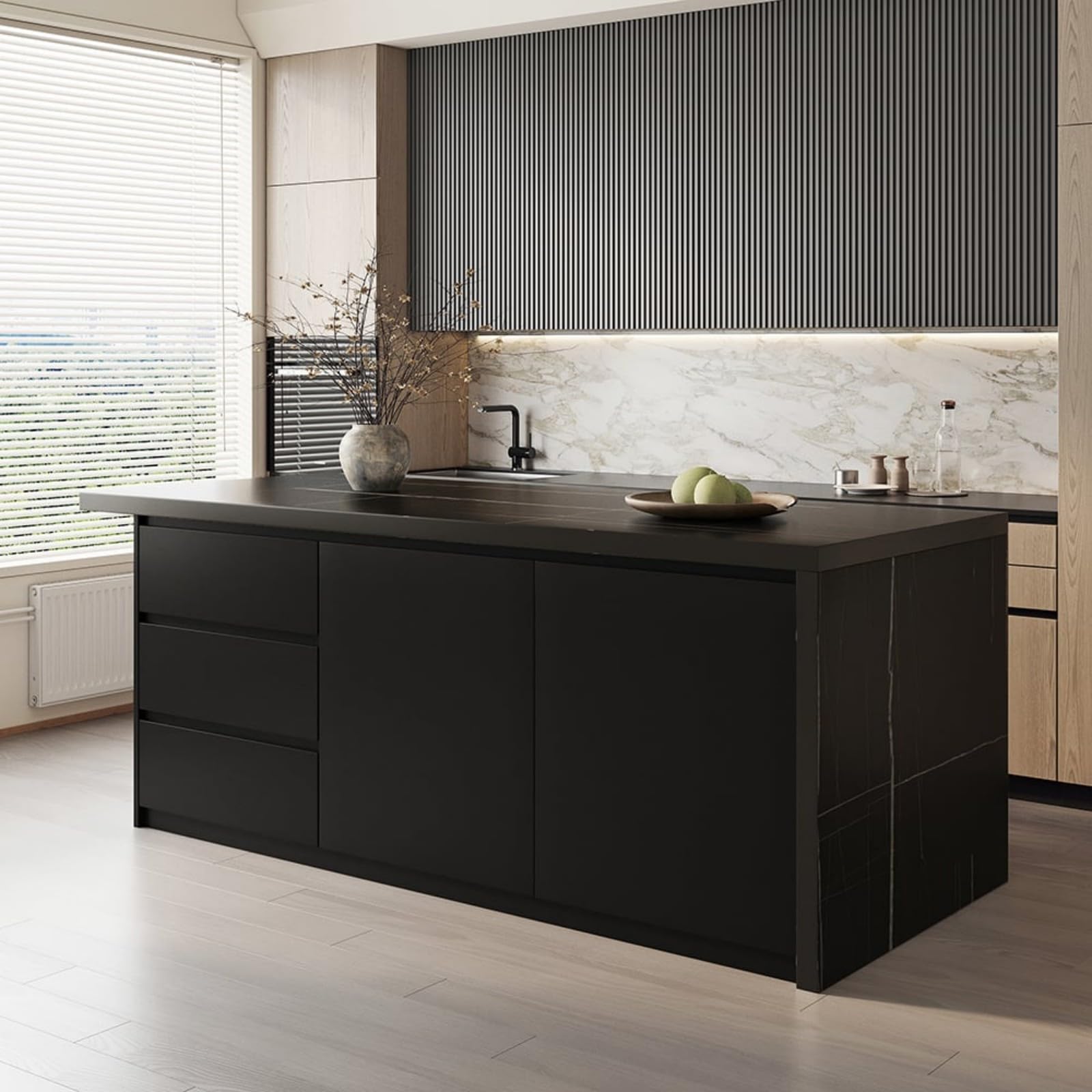 Homary Îlot Central de Cuisine avec Rangements 183 cm Noir, Meuble Îlot Moderne avec 3 Tiroirs, 2 Portes & 6 Étagères, en Bois, Résistant à l'eau, pour Salle à Manger