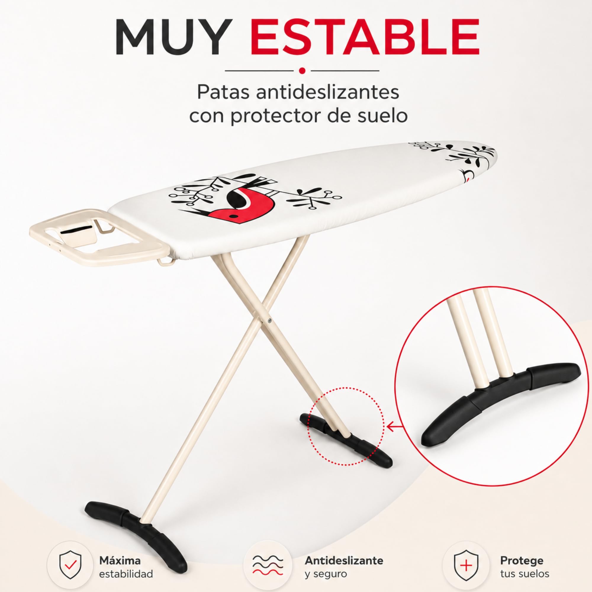 Tabla de Planchar YoungVIP | Área Planchado 116x35 cm | Patas Antideslizantes estables | Protector Suelo | Soporte Plancha | Funda 100% algodón+Relleno | Altura Regulable hasta 92 cm