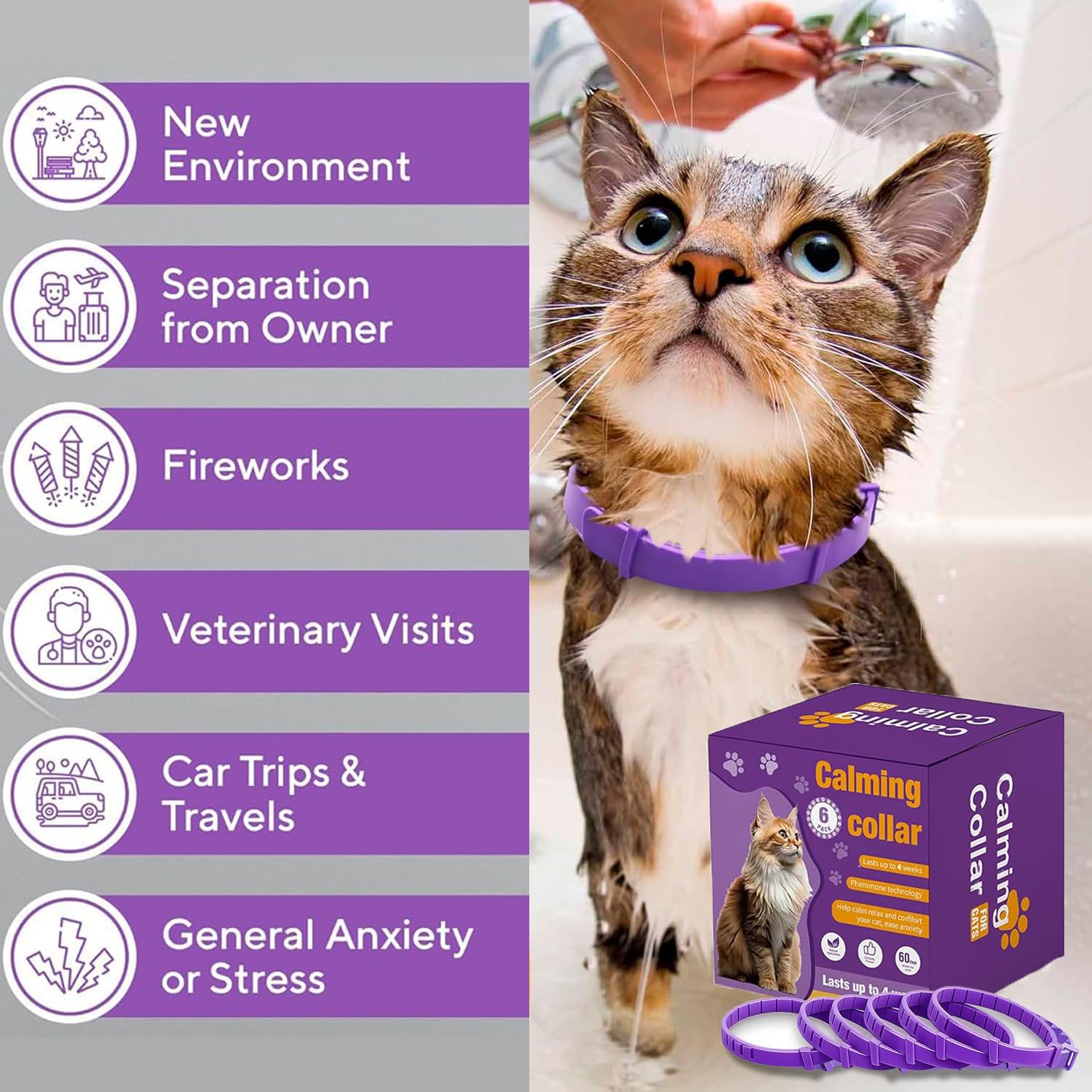Cat Calming Collar, 6-Pack Pheromone Collars for Cats – Adjustable 15″, 60-Day Lasting Stress & Anxiety Relief, Helps Reduce Noise Fear, Scratching & Separation Anxiety（Pruple） - image 6