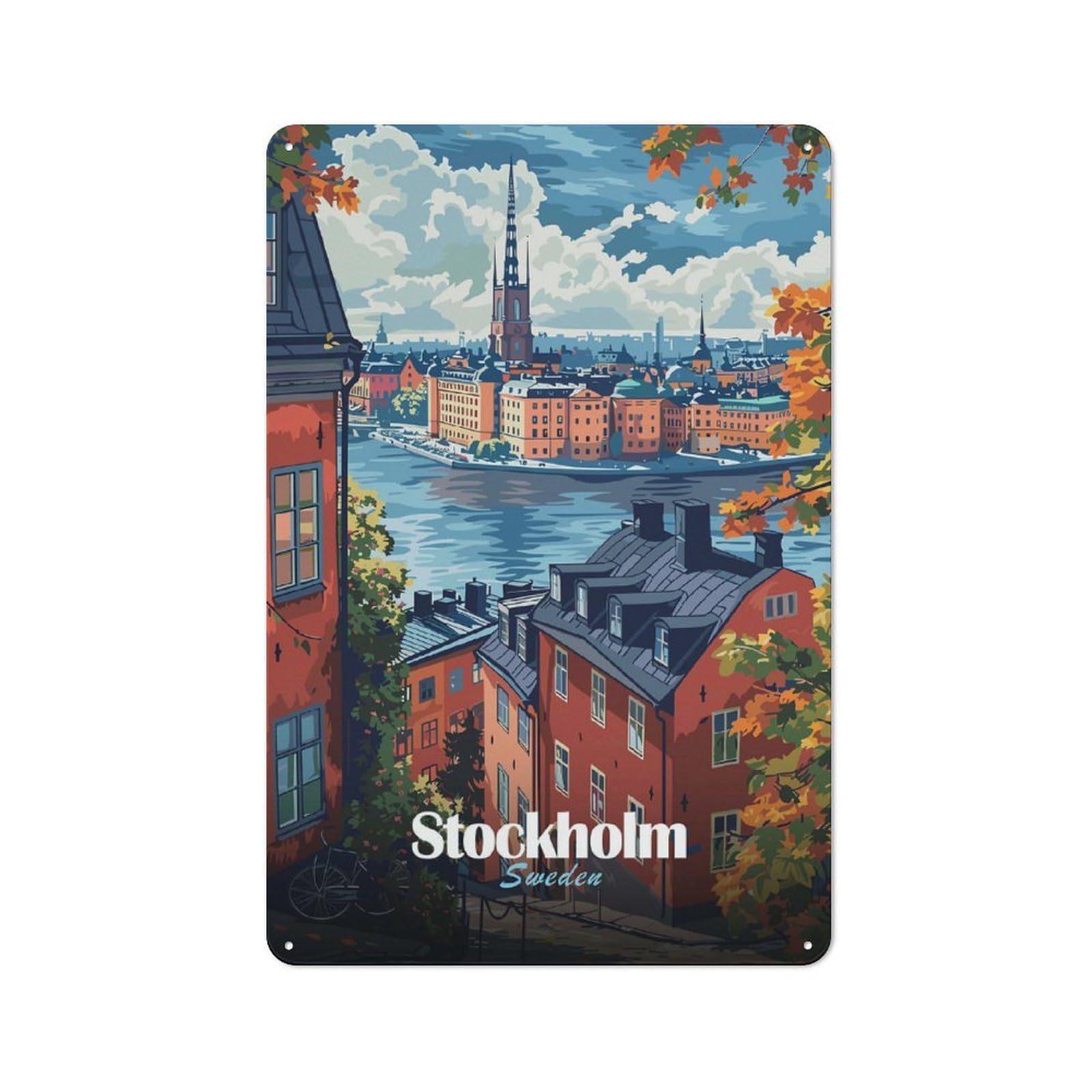 Junmoney Stockholm Cityscape Old Fashioned Retro Metal Sign 30X20cm Featuring Vintage Wall Decor For Kitchen, Hallway, Bar Or Small Cafe