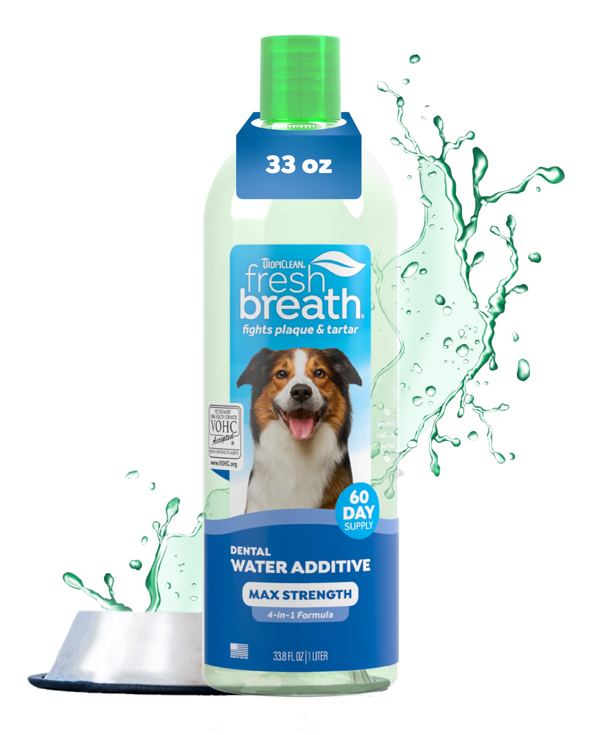 TropiClean Fresh Breath Advanced Whitening Water Additive for Dogs, Max Strength Dog Teeth Cleaning and Breath Freshener Solution, 33.8oz