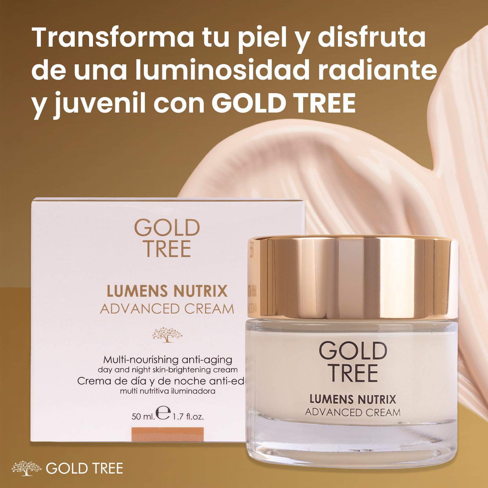 GOLD TREE Crema Antiedad Iluminadora Ácido Hialurónico 4D. Textura Media | Luminosidad, Firmeza y Confort – Piel Madura a Partir de 50 Años – Skincare Día y Noche – 50 ml