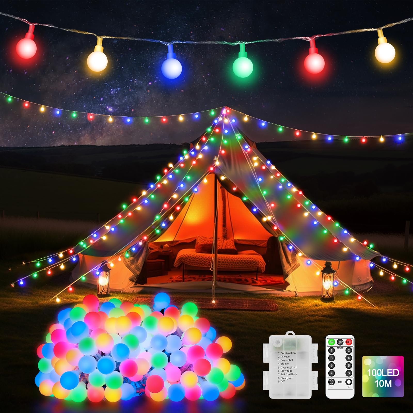 12M 100 LED Christmas Lights Battery Fairy Lights Indoor Outdoor Globe String Lights Waterproof with Remote 8 Modes for Outside Tree Garden Patio Party Bedroom Wedding Xmas Decorations-Multicolored