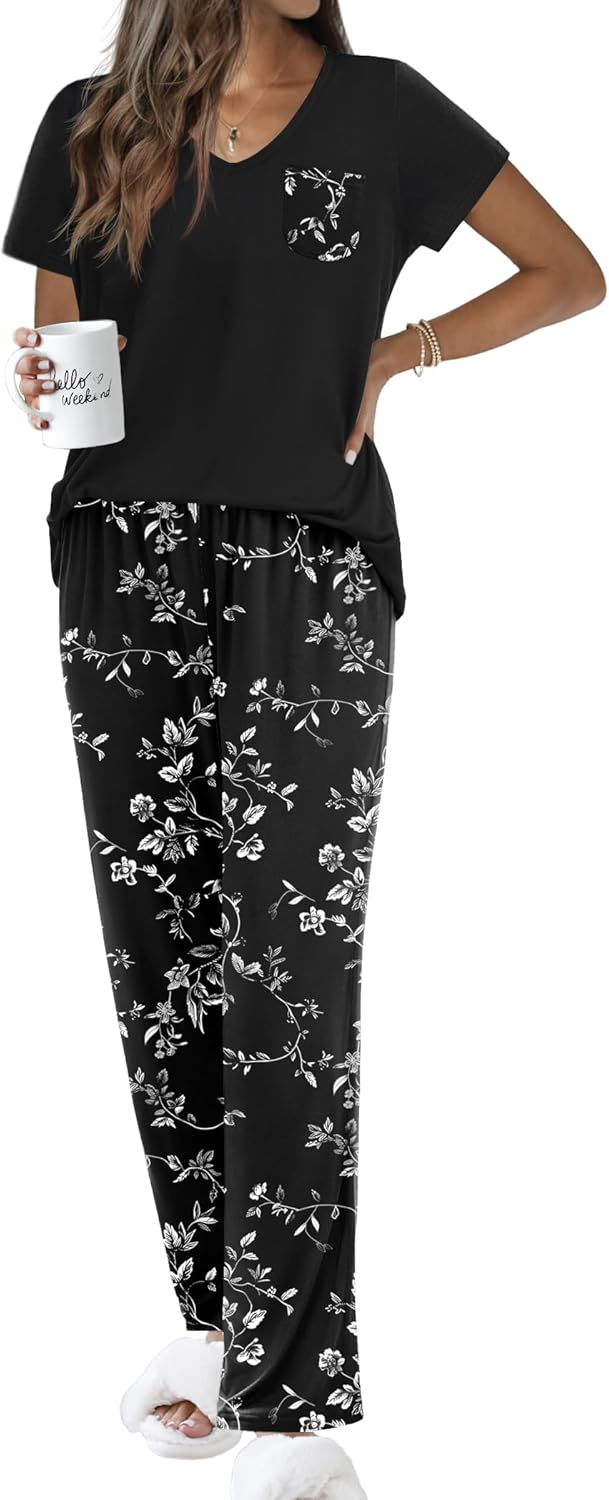 Ekouaer Pajama Sets for Women Short Sleeve Pj Set V Neck Sleepwear Chest Pocket with Long Pants Casual Loose Loungewear