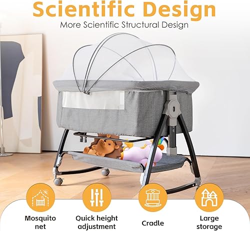 Miniatura 3 de Cuna de noche, moisés 3 en 1 con ajuste rápido de altura y mosquiteras mecedora para bebé, moisés con ruedas, fácil de plegar, estructura triangular