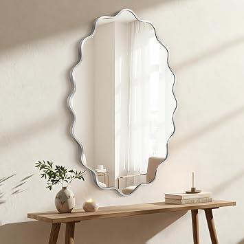 Silver Oval Wall Mirror, 22" x 30" Wavy Bathroom Mirror for Wall with Brushed Alloy Steel Frame&Shatter-Proof Glass, Hanging Decorative Wall Mirrors for Bathroom Sink, Bedroom, Entryway